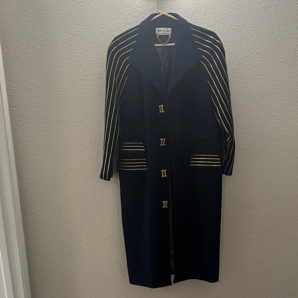Vintage 80-90s Elegant Navy Trench Coat with Gold Accents
